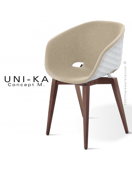 Fauteuil UNIKA, piétement vernis brun, assise coque couleur blanche habillage tissu couleur corde.