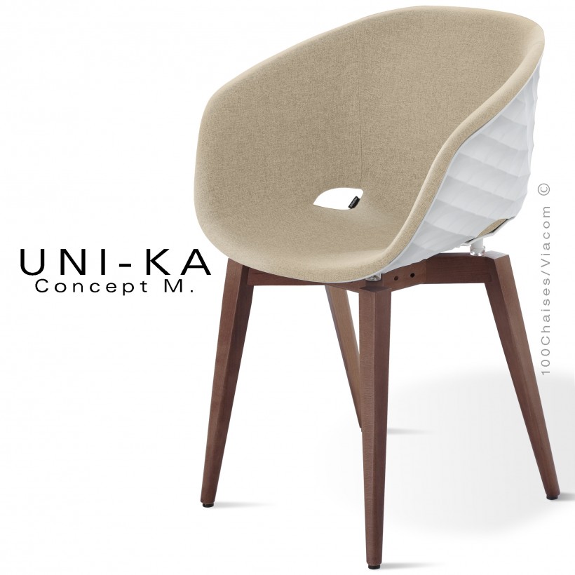 Fauteuil UNIKA, piétement vernis brun, assise coque couleur blanche habillage tissu couleur corde.