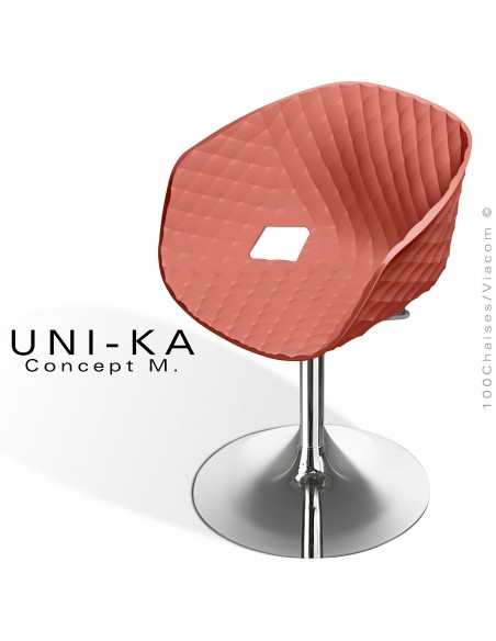 Fauteuil pivotant de bureau UNIKA, piétement tulipe chromé brillant, assise plastique couleur rouge corail.