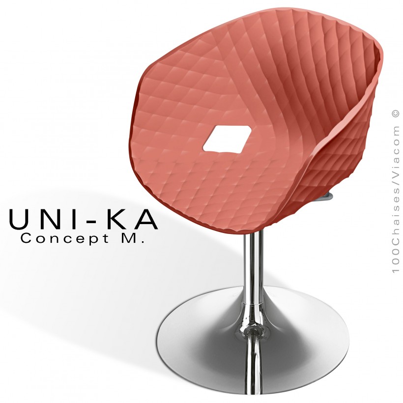 Fauteuil pivotant de bureau UNIKA, piétement tulipe chromé brillant, assise plastique couleur rouge corail.