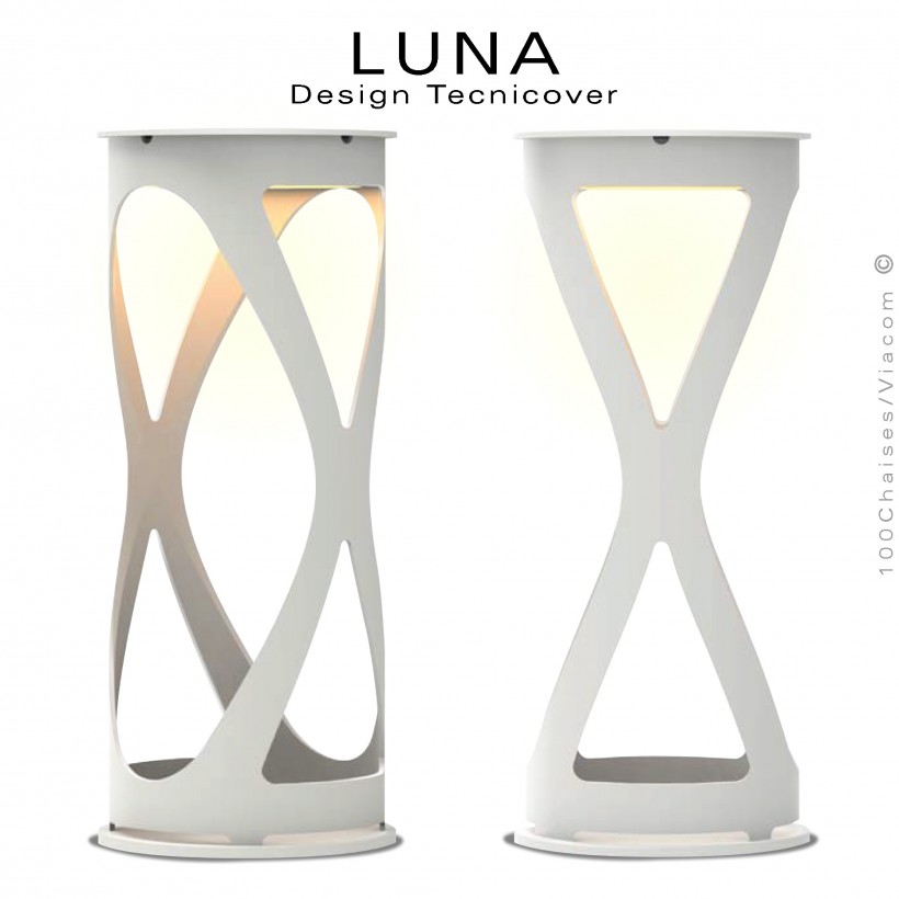 Lampe de table décorative pour vos soirées d'été LUNA, structure acier peint blanc , éclairage LED rechargeable.