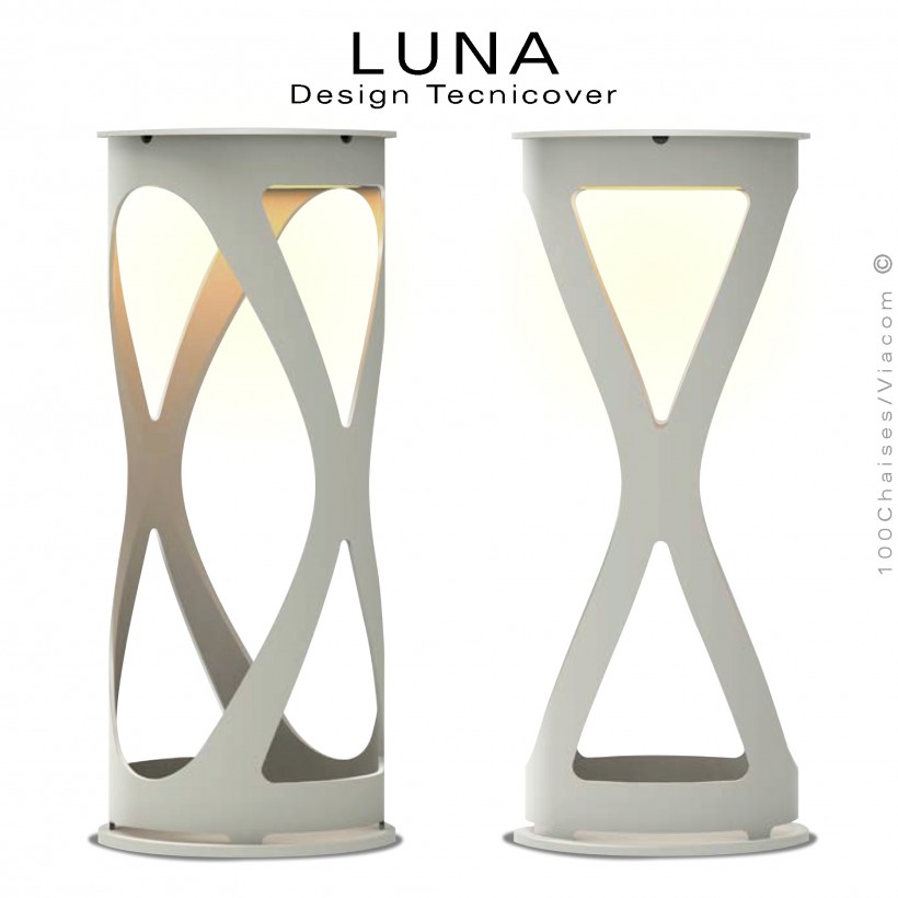 Lampe de table décorative pour vos soirées d'été LUNA, structure acier peint blanc pur , éclairage LED rechargeable.