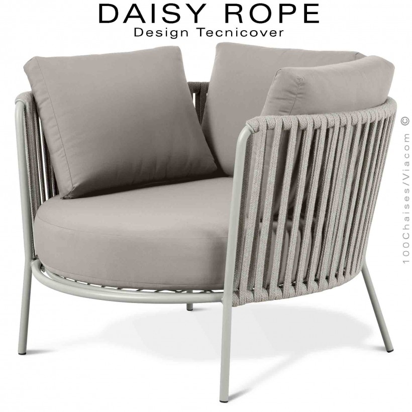 Salon de jardin ou fauteuil large lounge DAISY-ROPE, structure acier peint blanc perle, tressage cordage écru, coussin fango.