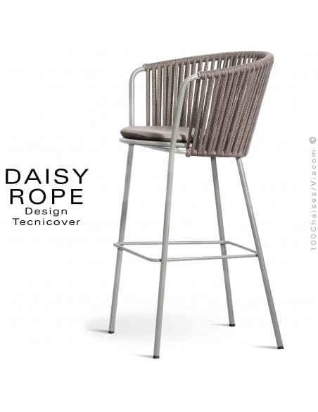 Tabouret de bar d'extérieur design DAISY-ROPE, structure acier peint, tressage cordage, assise coussin habillage tissu.