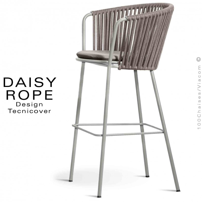 Tabouret de bar d'extérieur design DAISY-ROPE, structure acier peint, tressage cordage, assise coussin habillage tissu.