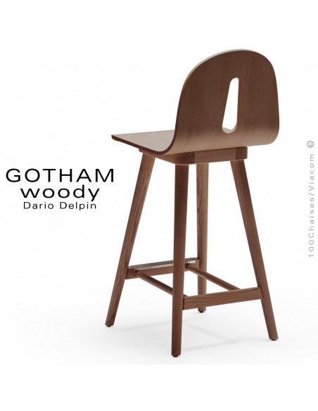 Tabouret de cuisine GOTHAM WOODY-SG-65, piétement et assise bois vernis noyer.