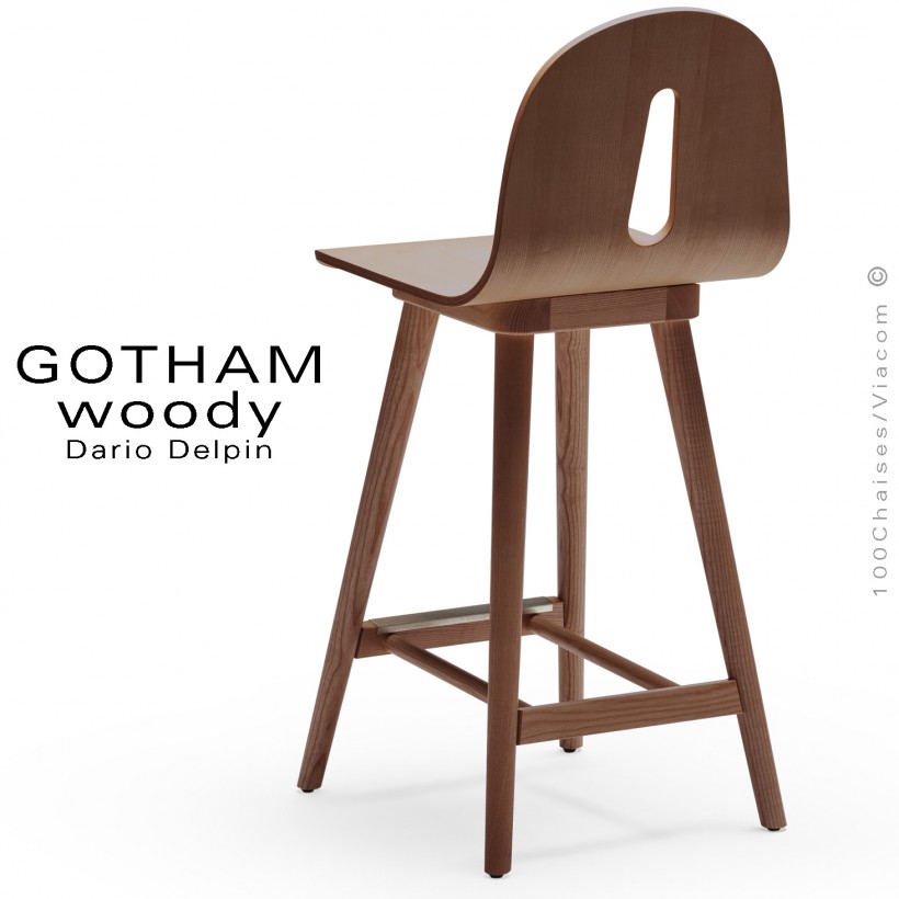 Tabouret de cuisine GOTHAM WOODY-SG-65, piétement et assise bois vernis noyer.