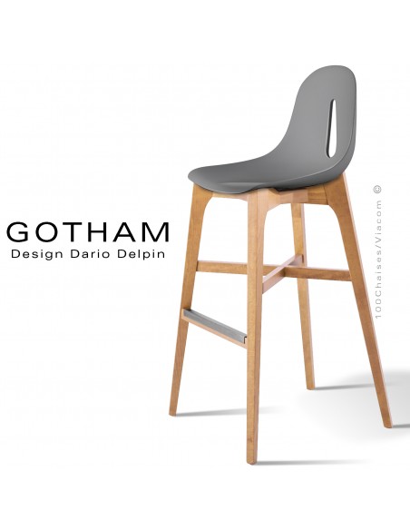 Tabouret de bar GOTHAM-W-SG-80, piétement bois naturel, assise coque plastique gris.