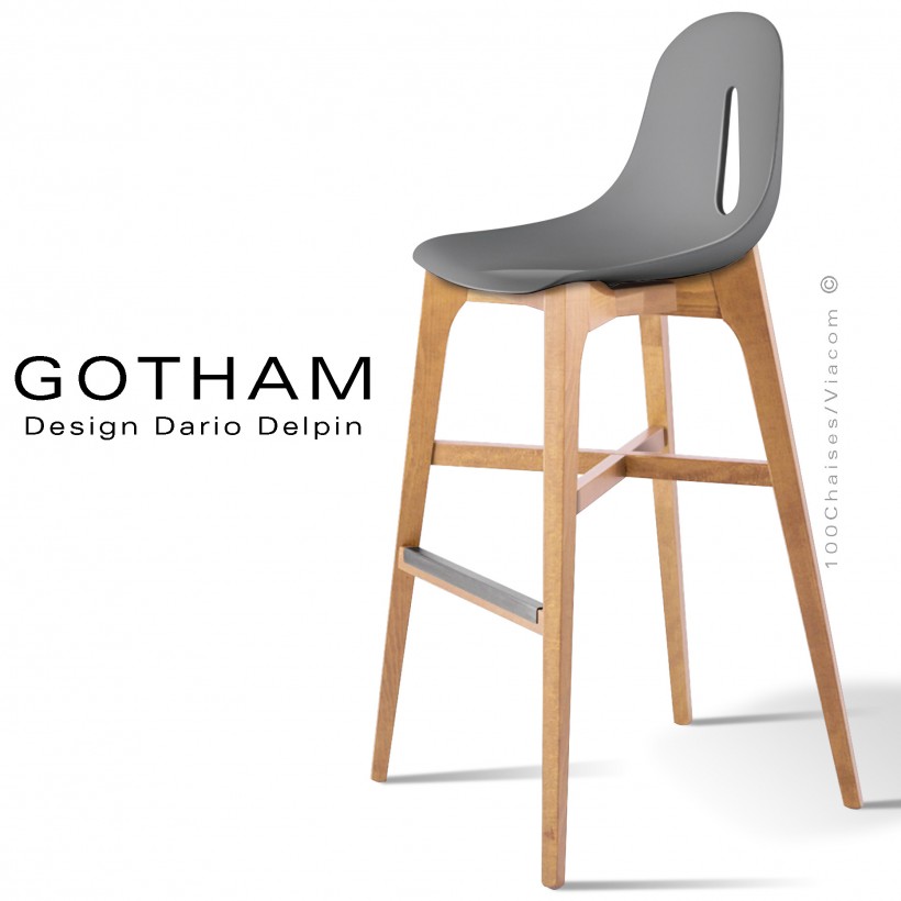 Tabouret de bar GOTHAM-W-SG-80, piétement bois naturel, assise coque plastique gris.