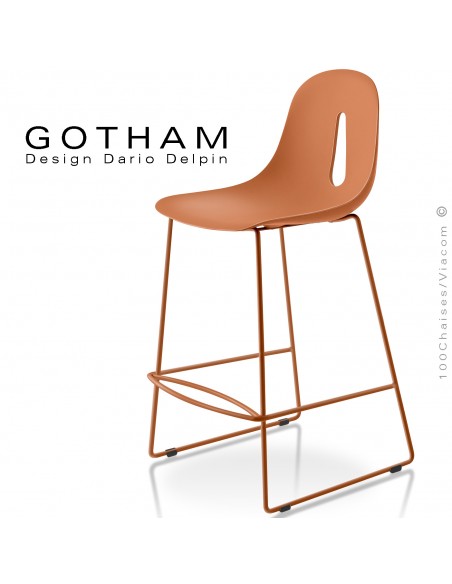 Tabouret de cuisine GOTHAM-SL-SG-65, structure luge peint terracotta, assise plastique couleur terracotta.