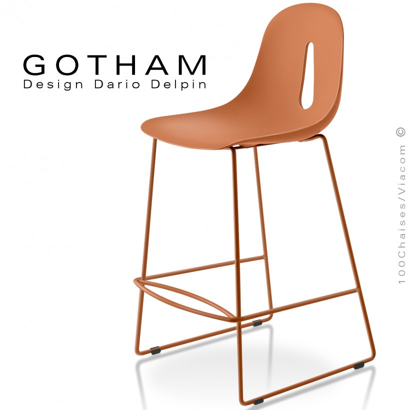 Tabouret de cuisine GOTHAM-SL-SG-65, structure luge peint terracotta, assise plastique couleur terracotta.