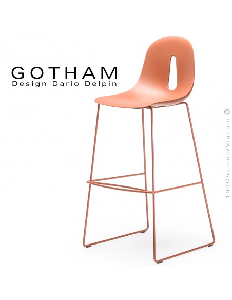 Tabouret de bar GOTHAM-SL-SG-80, structure luge acier peint terracotta, assise plastique couleur terracotta.