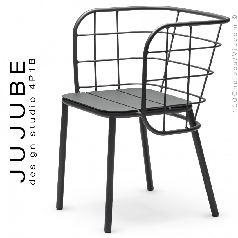 Fauteuil pour terrasse extérieur design JUJUBE, piétement et structure acier peint anthracite.