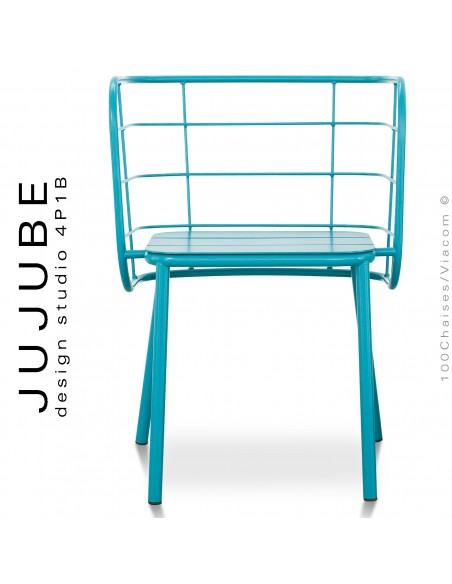 Fauteuil pour terrasse extérieur design JUJUBE, piétement et structure acier peint bleu octane.