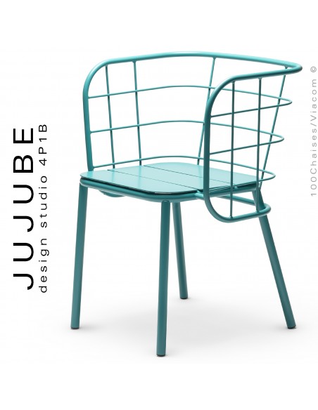 Fauteuil pour terrasse extérieur design JUJUBE, piétement et structure acier peint bleu octane.