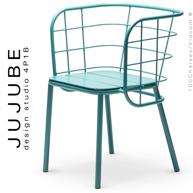 Fauteuil pour terrasse extérieur design JUJUBE, piétement et structure acier peint bleu octane.