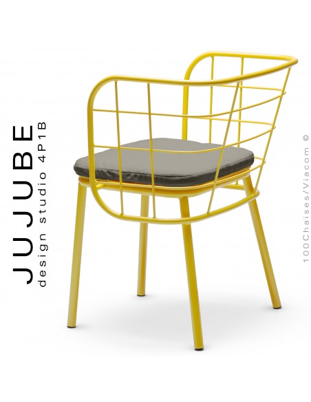 Fauteuil pour terrasse extérieur JUJUBE, piétement et structure acier peint jaune. Avec coussin tissu couleur gris-600.