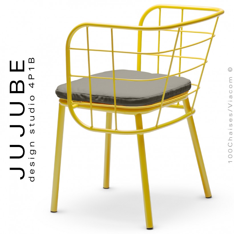 Fauteuil pour terrasse extérieur JUJUBE, piétement et structure acier peint jaune. Avec coussin tissu couleur gris-600.