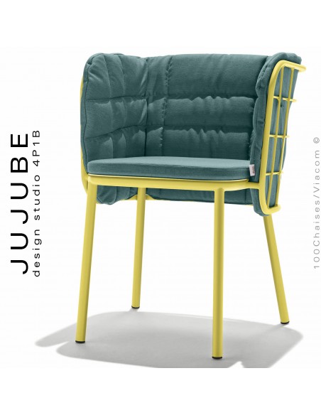 Fauteuil confort extérieur design JUJUBE, piétement peint jaune, assise et dossier habillage tissu bleu-vert hydrofuge.