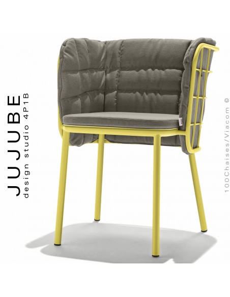 Fauteuil confort extérieur design JUJUBE, piétement peint jaune, assise et dossier habillage tissu gris hydrofuge.