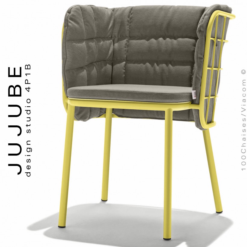 Fauteuil confort extérieur design JUJUBE, piétement peint jaune, assise et dossier habillage tissu gris hydrofuge.