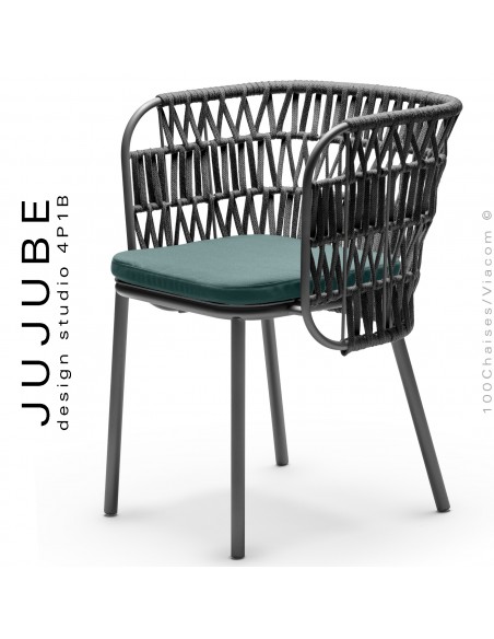 Fauteuil confort pour terrasse extérieur JUJUBE, structure acier peint anthracite avec coussin bleu, tressé corde noir.