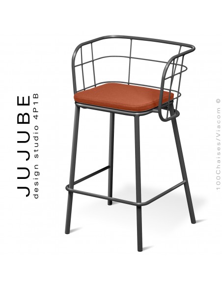 Tabouret de bar pour terrasse extérieur design JUJUBE, piétement peint anthracite, assise coussin tissu rouge.