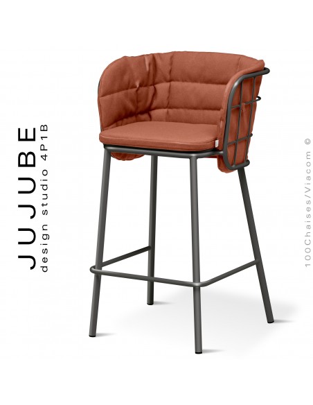 Tabouret de bar confort design pour terrasse extérieur JUJUBE, piétement anthracite, assise coussin tissu hydrofuge rouge.