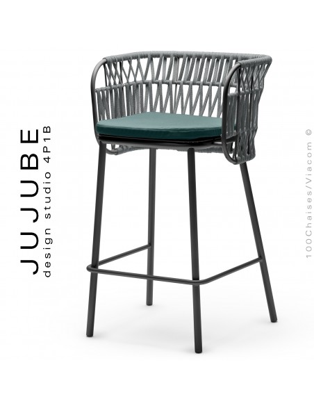 Tabouret de bar pour extérieur JUJUBE, structure acier peint anthracite, coussin tissu bleu, dossier corde marine argent.