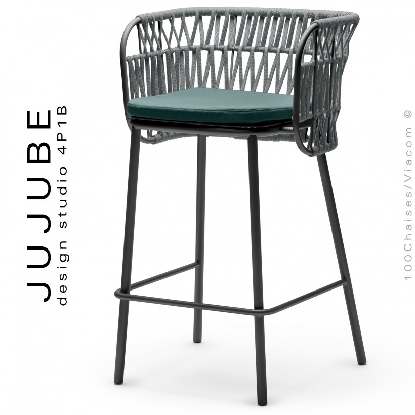 Tabouret de bar pour extérieur JUJUBE, structure acier peint anthracite, coussin tissu bleu, dossier corde marine argent.