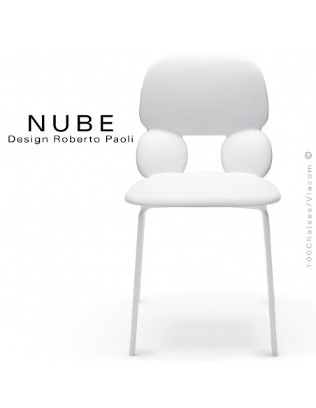 Chaise pour collectivité ou domestique NUBE, piétement acier peint blanc, assise coque plastique souple couleur blanc.