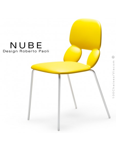 Chaise pour collectivité ou domestique NUBE, piétement acier peint blanc, assise coque plastique souple couleur jaune.