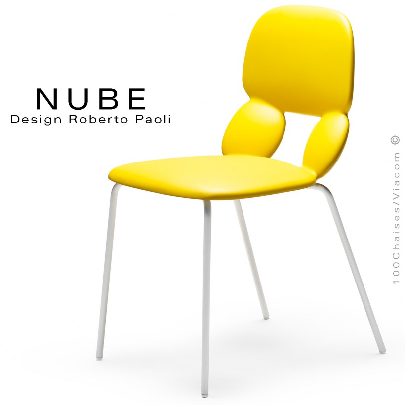 Chaise pour collectivité ou domestique NUBE, piétement acier peint blanc, assise coque plastique souple couleur jaune.