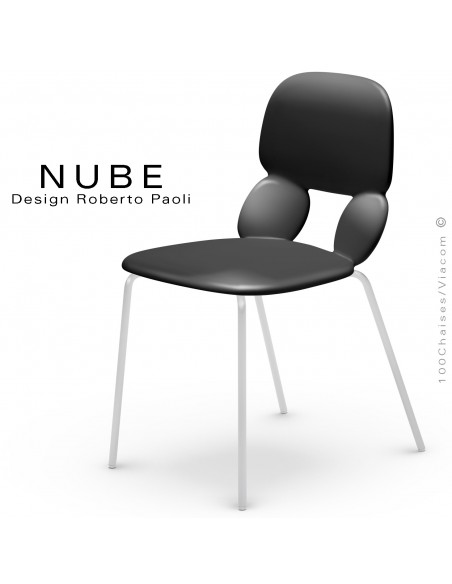 Chaise pour collectivité ou domestique NUBE, piétement acier peint blanc, assise coque plastique souple couleur noire.