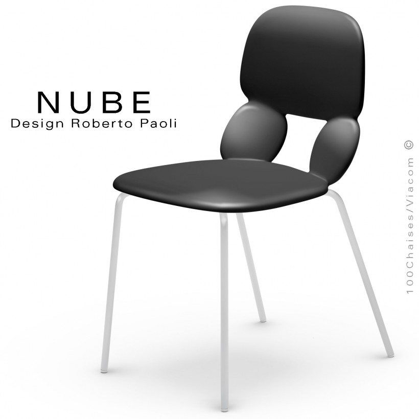 Chaise pour collectivité ou domestique NUBE, piétement acier peint blanc, assise coque plastique souple couleur noire.