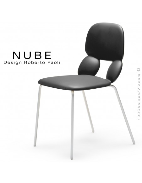 Chaise pour collectivité ou domestique NUBE, piétement acier peint blanc, assise coque plastique souple couleur noire.