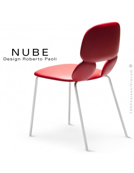 Chaise pour collectivité ou domestique NUBE, piétement acier peint blanc, assise coque plastique souple couleur rouge.