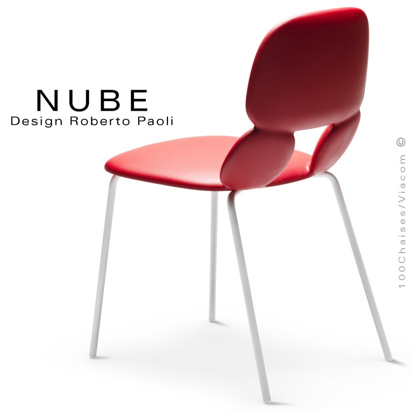 Chaise pour collectivité ou domestique NUBE, piétement acier peint blanc, assise coque plastique souple couleur rouge.