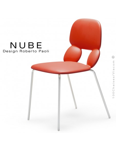 Chaise pour collectivité ou domestique NUBE, piétement acier peint blanc, assise coque plastique souple couleur rouge.