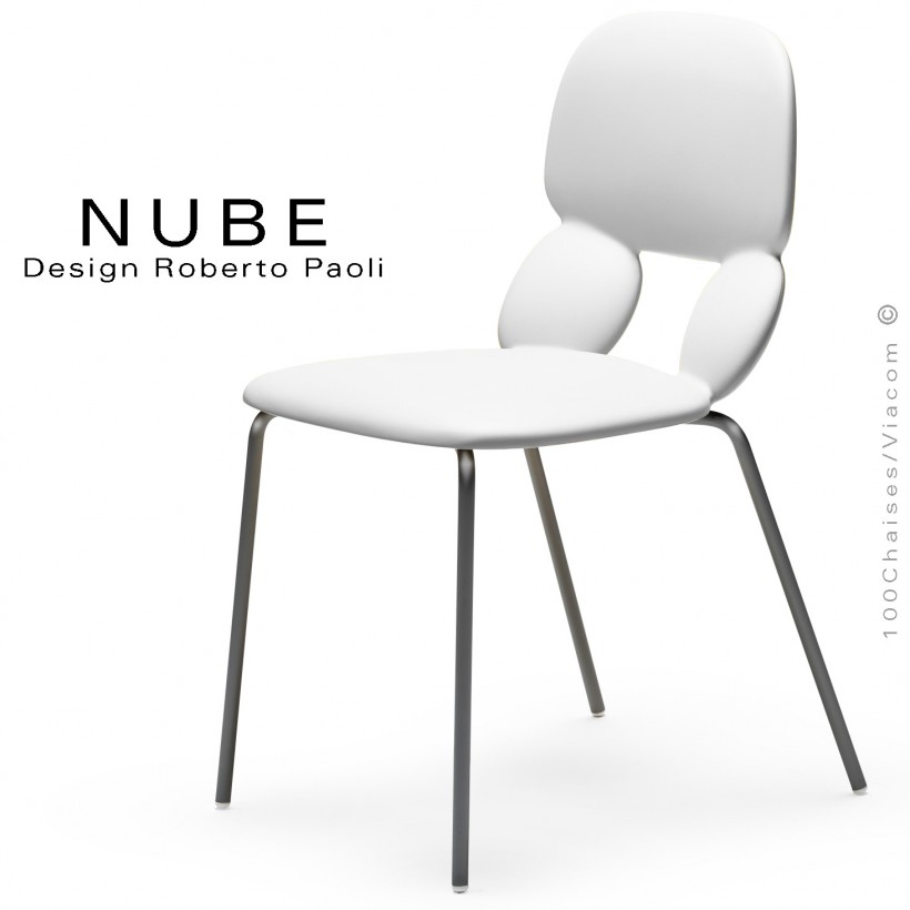 Chaise pour collectivité ou domestique NUBE, piétement acier peint noir, assise coque plastique souple couleur blanche.