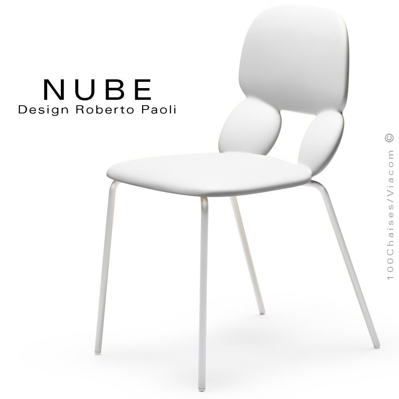 Chaise pour collectivité ou domestique NUBE, piétement acier peint blanc, assise coque plastique souple couleur blanc.