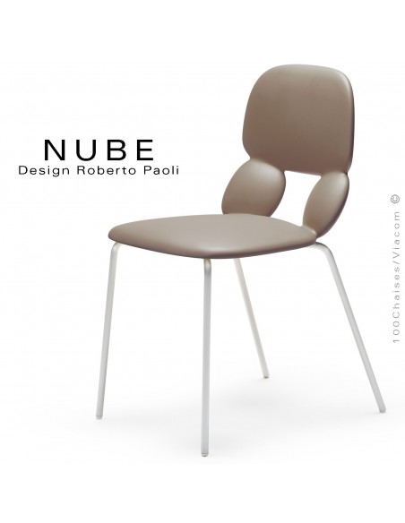 Chaise pour collectivité ou domestique NUBE, piétement acier peint blanc, assise coque plastique souple couleur sable.