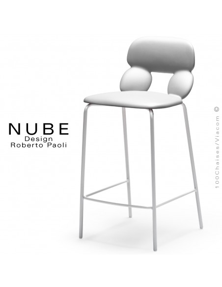 Tabouret de cuisine design NUBE, piétement acier peint blanc avec repose pieds, assise coque plastique souple blanc.