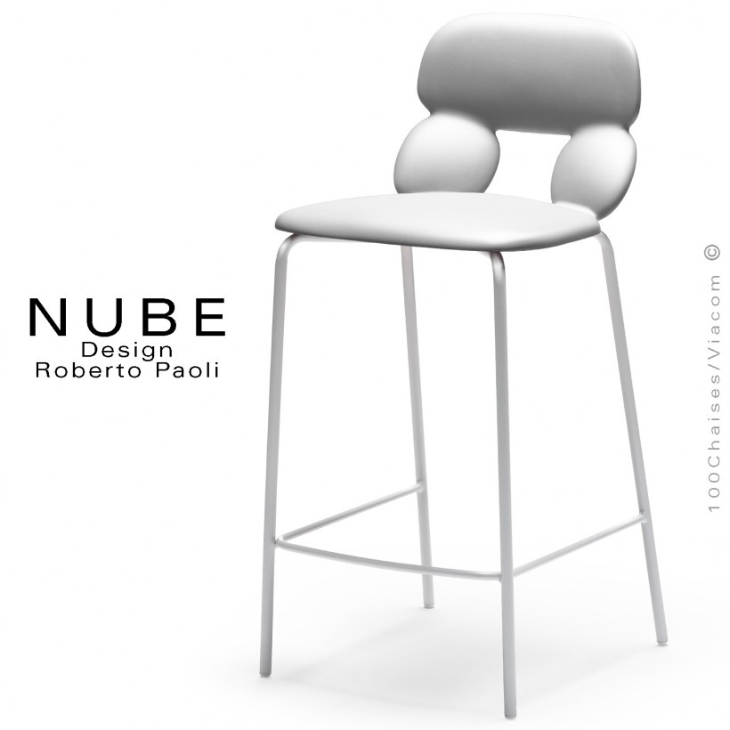 Tabouret de cuisine design NUBE, piétement acier peint blanc avec repose pieds, assise coque plastique souple blanc.