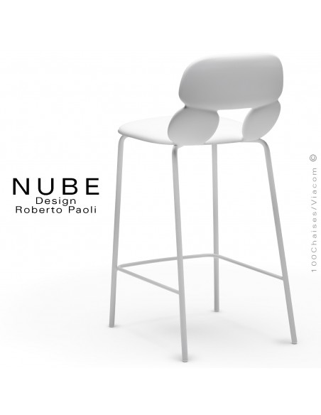 Tabouret de cuisine design NUBE, piétement acier peint blanc avec repose pieds, assise coque plastique souple blanc.