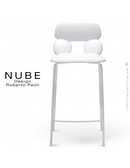 Tabouret de cuisine design NUBE, piétement acier peint blanc avec repose pieds, assise coque plastique souple blanc.