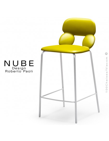 Tabouret de cuisine design NUBE, piétement acier peint blanc avec repose pieds, assise coque plastique souple jaune.