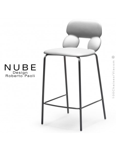 Tabouret de cuisine design NUBE, piétement acier peint noir avec repose pieds, assise coque plastique souple couleur blanc