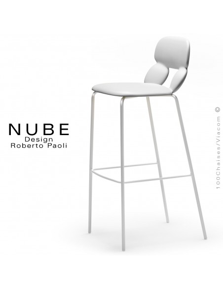 Tabouret de bar design NUBE, piétement acier peint blanc avec repose pieds, assise coque plastique souple couleur blanche.