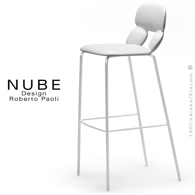 Tabouret de bar design NUBE, piétement acier peint blanc avec repose pieds, assise coque plastique souple couleur blanche.